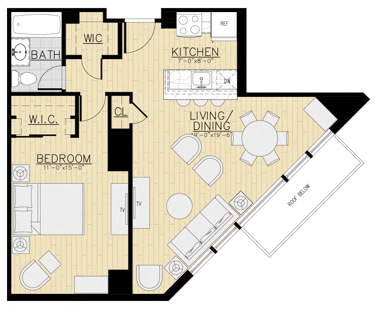 Floor plan for 1 bed, 1 bath, 705 sqft